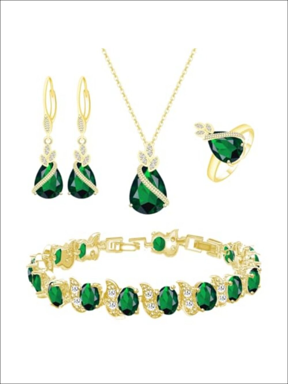 18k Gold Plated Created Emerald Jewelry Set Necklace Earrings Bracelet Ring
